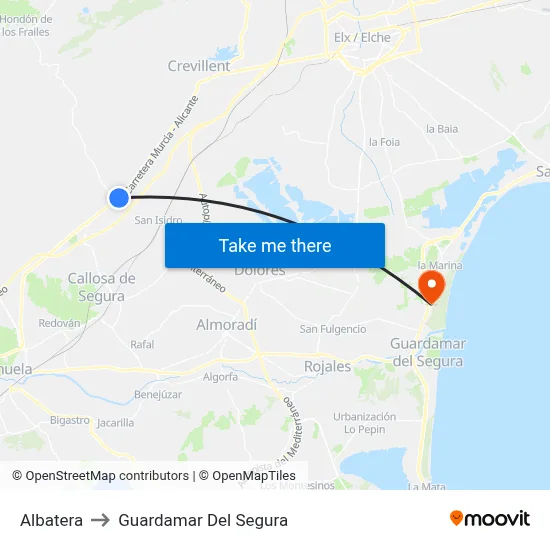 Albatera to Guardamar Del Segura map