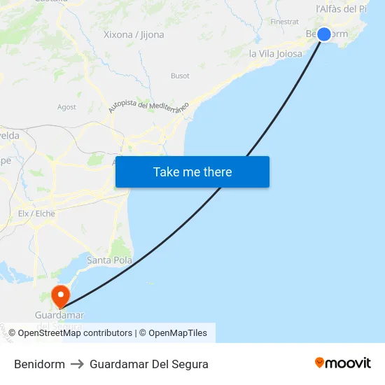 Benidorm to Guardamar Del Segura map