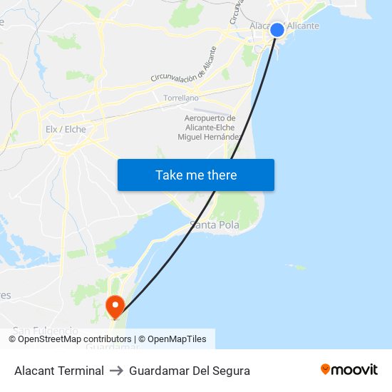 Alacant Terminal to Guardamar Del Segura map