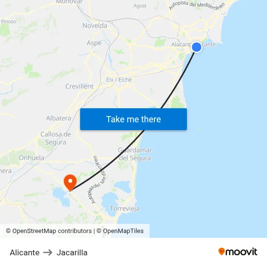 Alicante to Jacarilla map