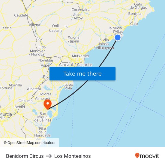 Benidorm Circus to Los Montesinos map
