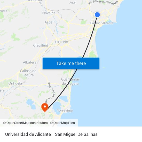 Universidad de Alicante to San Miguel De Salinas map