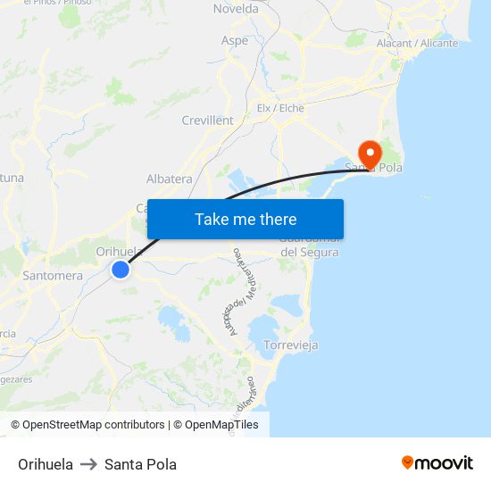 Orihuela to Santa Pola map