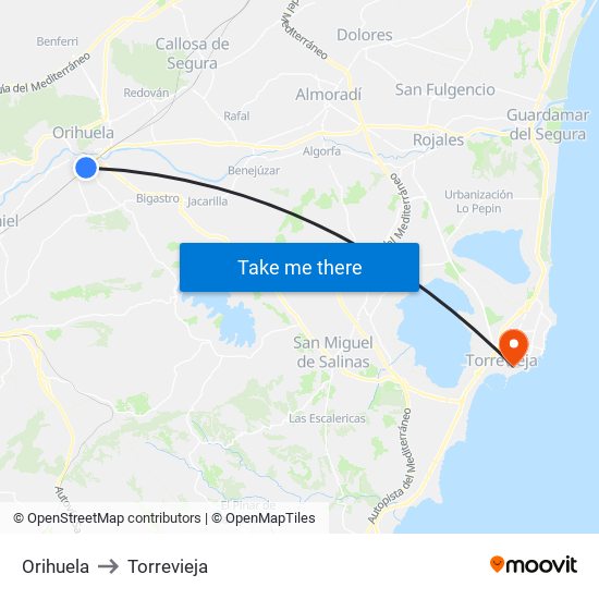 Orihuela to Torrevieja map