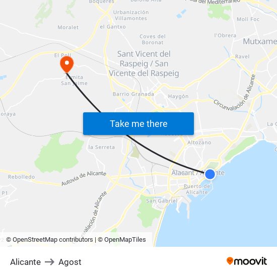 Alicante to Agost map