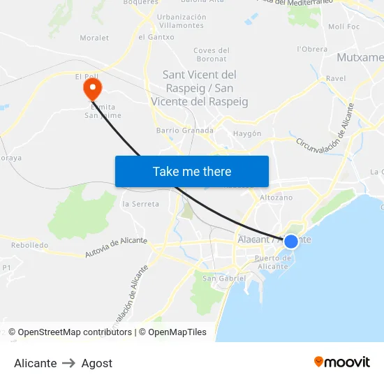 Alicante to Agost map