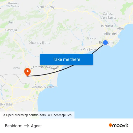 Benidorm to Agost map
