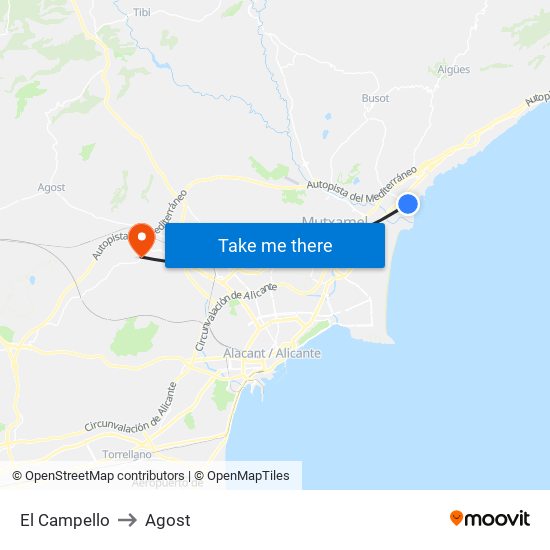El Campello to Agost map