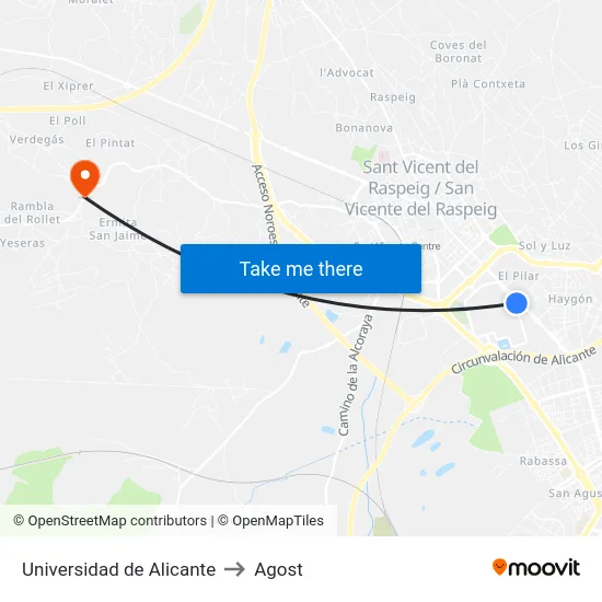 Universidad de Alicante to Agost map