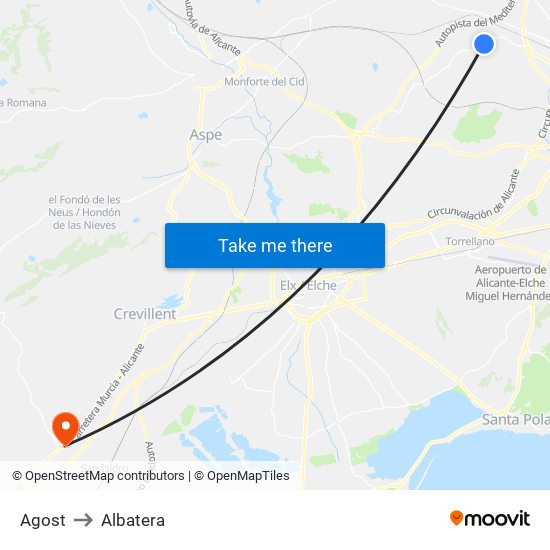 Agost to Albatera map