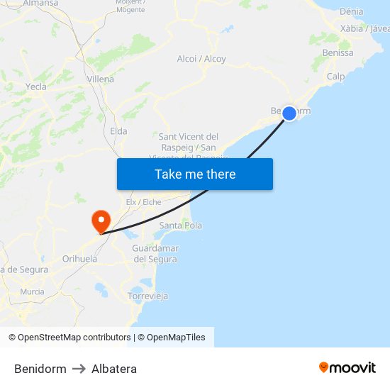 Benidorm to Albatera map