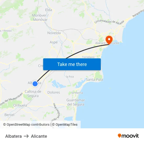 Albatera to Alicante map