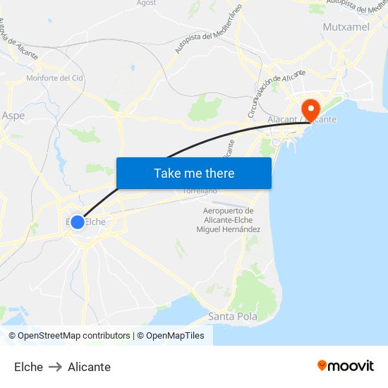 Elche to Alicante map