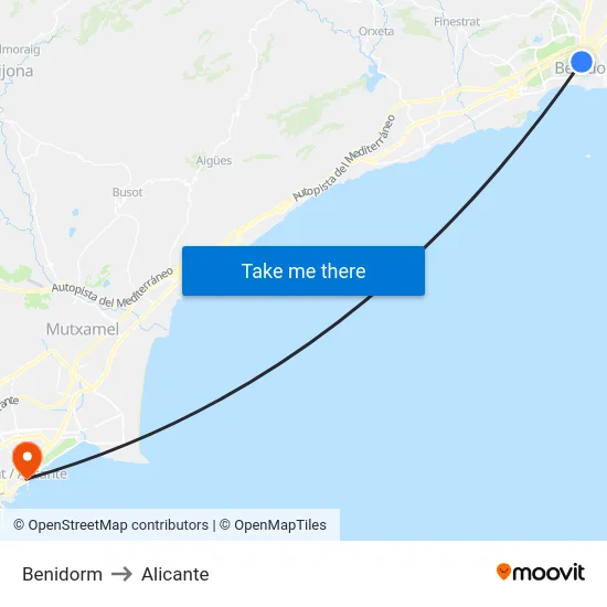 Benidorm to Alicante map