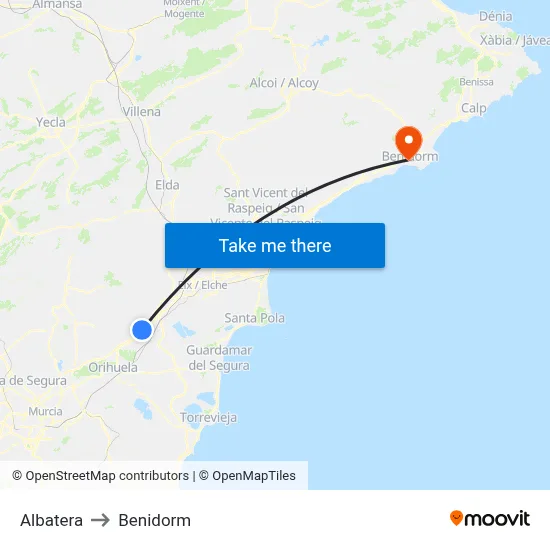 Albatera to Benidorm map