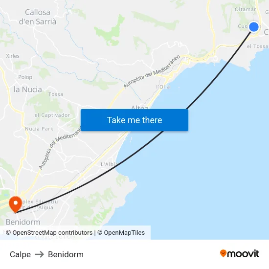 Calpe to Benidorm map