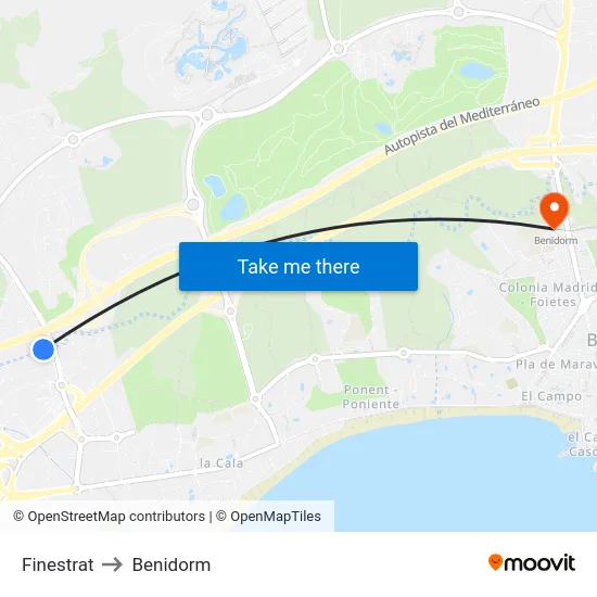 Finestrat to Benidorm map