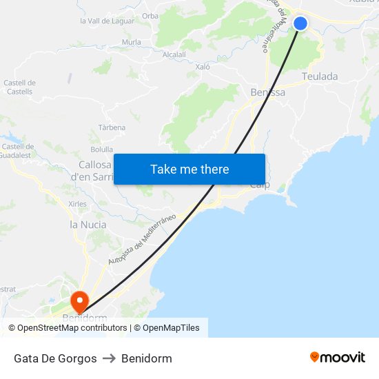 Gata De Gorgos to Benidorm map
