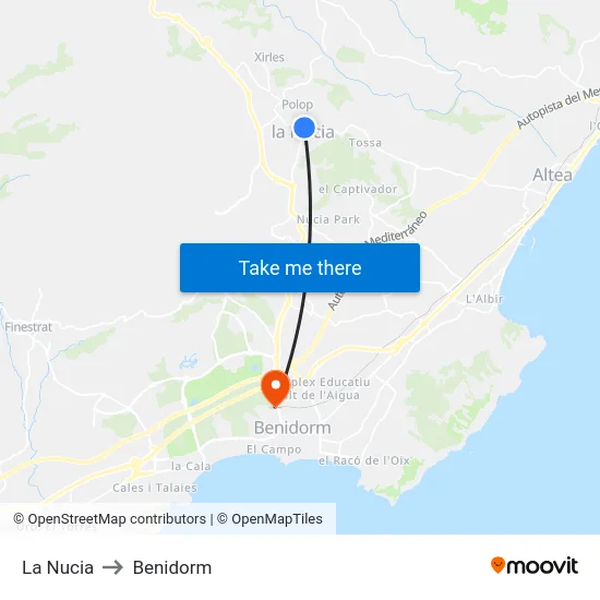 La Nucia to Benidorm map
