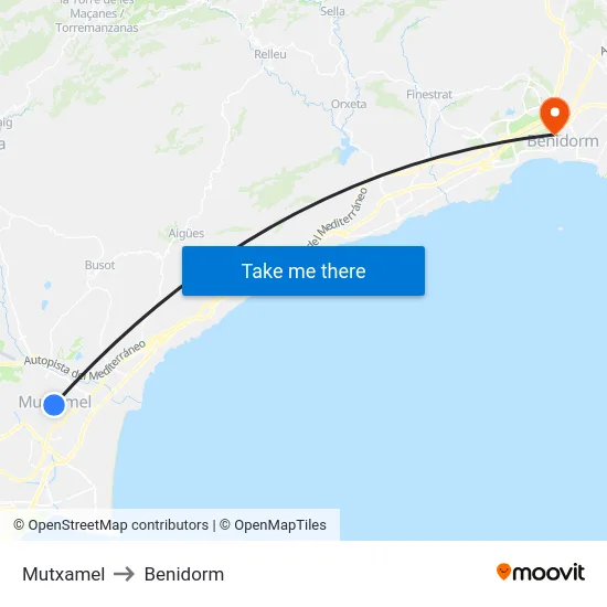 Mutxamel to Benidorm map