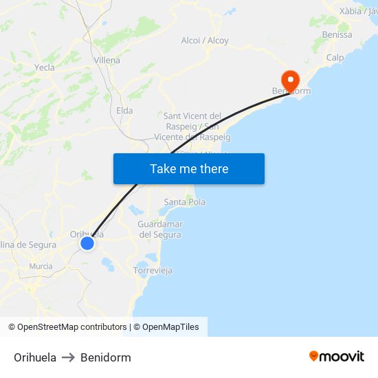 Orihuela to Benidorm map