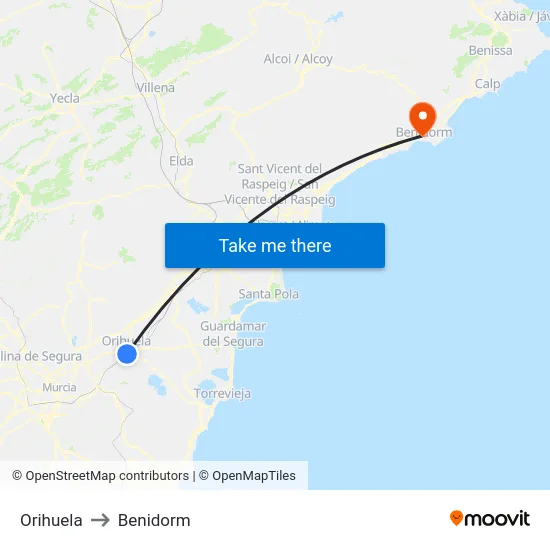 Orihuela to Benidorm map