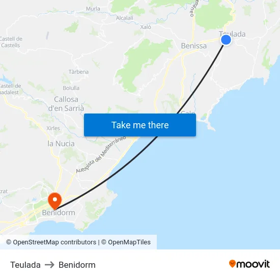 Teulada to Benidorm map