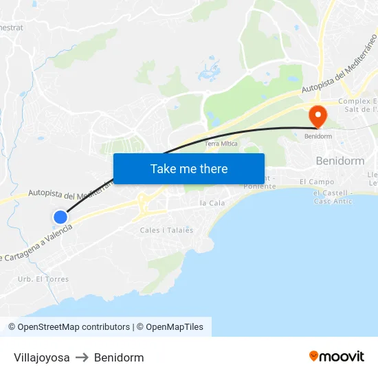 Villajoyosa to Benidorm map