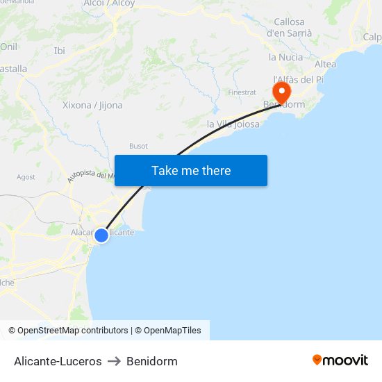 Alicante-Luceros to Benidorm map