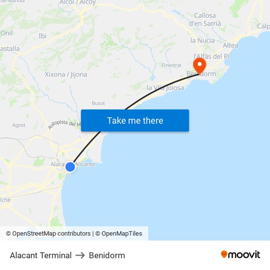 Alacant Terminal to Benidorm map