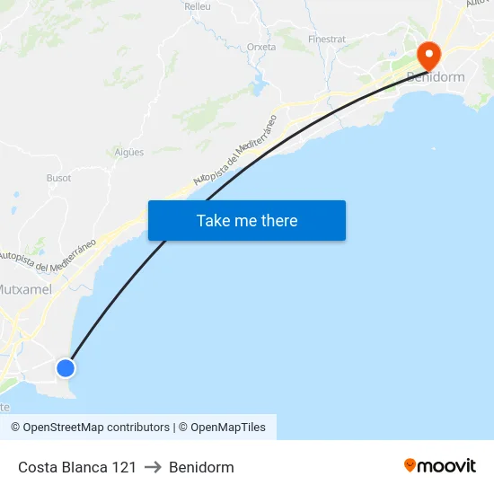 Costa Blanca 121 to Benidorm map