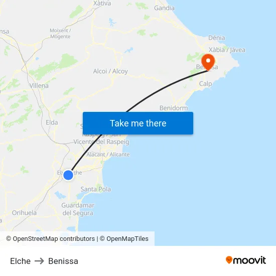 Elche to Benissa map
