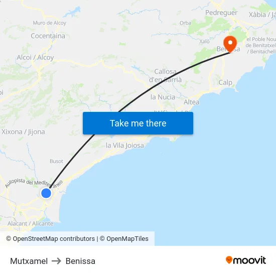 Mutxamel to Benissa map