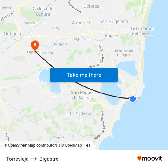 Torrevieja to Bigastro map