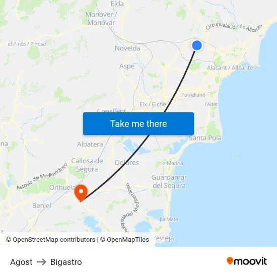 Agost to Bigastro map