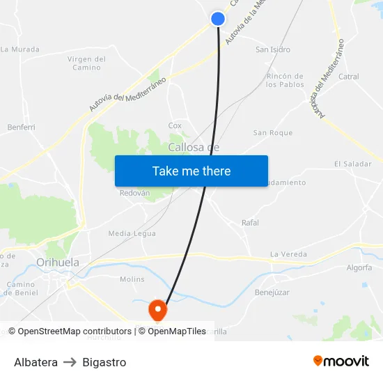 Albatera to Bigastro map
