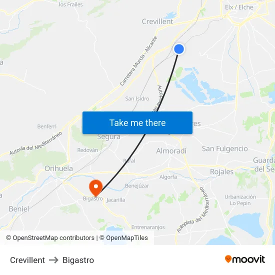 Crevillent to Bigastro map