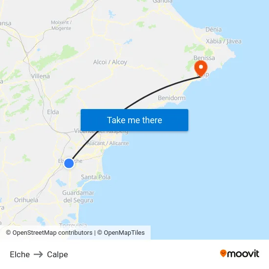 Elche to Calpe map