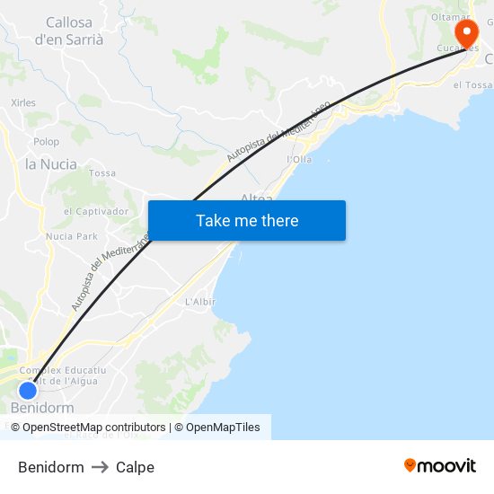 Benidorm to Calpe map