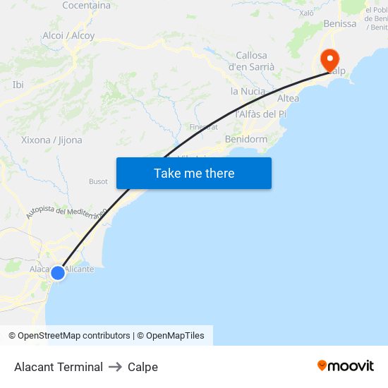 Alacant Terminal to Calpe map