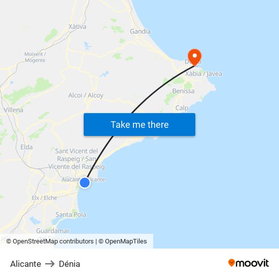 Alicante to Dénia map