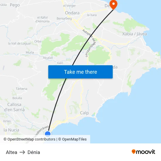 Altea to Dénia map