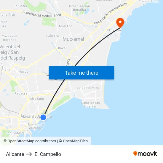 Alicante to El Campello map