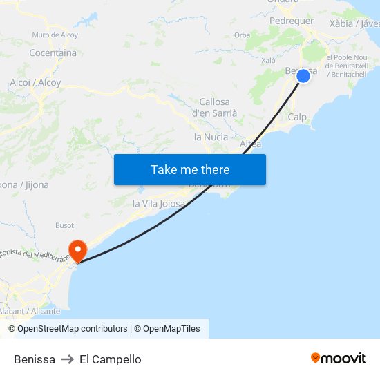 Benissa to El Campello map