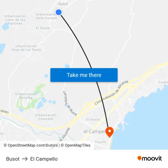 Busot to El Campello map