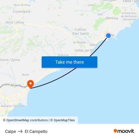 Calpe to El Campello map