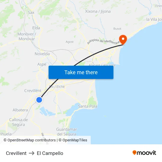Crevillent to El Campello map