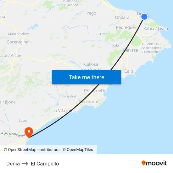 Dénia to El Campello map