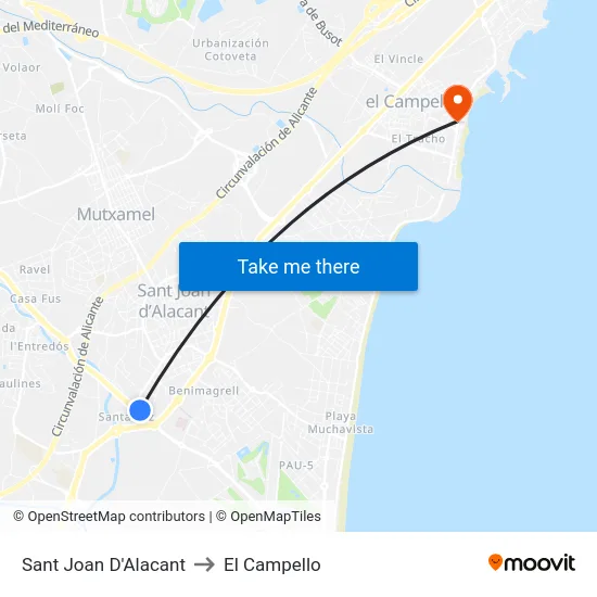 Sant Joan D'Alacant to El Campello map