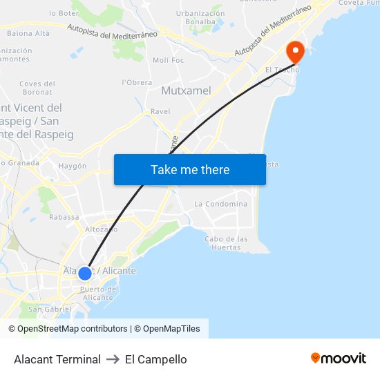 Alacant Terminal to El Campello map